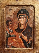 Virgin Mary & Baby Jesus - Ukraine/Russian Icon on Wood, Antique (age?)