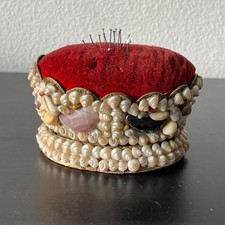 Antique 19th Century Shell Pin Cushion Velvet Top 5" x 3.5"