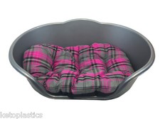 EXTRA LARGE PLASTIC SILVER / GREY WITH PINK TARTAN CUSHION PET BED DOG/ CAT