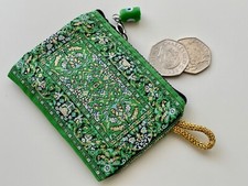 Mini Turkish Kilim Coin Purse, Floral Green Pouch with Evil Eye Pull