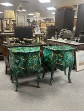 Pair of Louis XV Printed Malachite Style Bedside Tables with Drawers & Ormolu