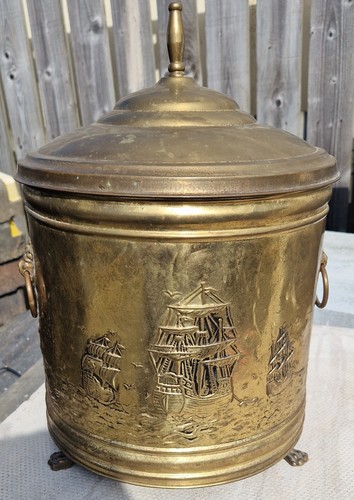 Vtg embossed brass lidded - lidded, coal