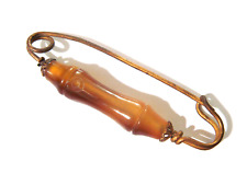 ANTIQUE AMBER SAFETY PIN BROOCH KILT PIN GILT METAL CARVED BALTIC HONEY VINTAGE