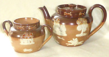 Rare Antique Royal Doulton Salt Glaze Harvest Tea Pot & Sugar Bowl, c1901