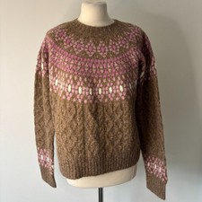 M&S Per Una Fair Isle Jumper Size M UK 12 14 Brown Pink Sweater Nordic Christmas