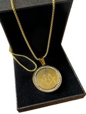 Masonic Necklace 24K Gold Clad  Pendant Chain Crystal Set Stones Masons Gifts