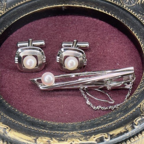 Silver pearl cufflinks tie - silver,
