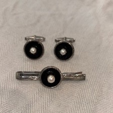 Antique Sterling Silver Black Onyx Saltwater Akoya Pearl Cufflinks and Tie Clip