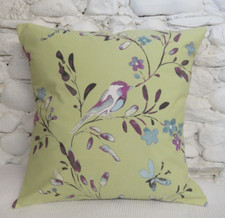 Cushion Cover, Floral, Light Green/Yellow, Cotton, Birds, Blue, Purple, 50cm.