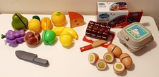 Large Kids Pretend Play Food Set Wooden Swiss Roll, Sliceable Eggs, Fruit & Veg