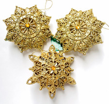 3 Gold Snowflake Christmas baubles – Jewels Glitter Vintage Kurt S.Adler USA