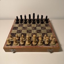 Marble Stone Chess Set 12” Folding Storage Board Wooden Surround Pieces King 3”