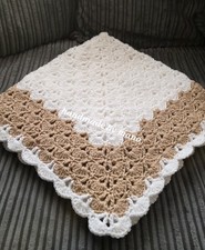 unisex Handmade CROCHET BABY boy girl BLANKET Spanish shawl tan knitted pram