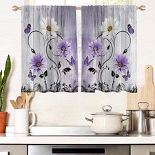 Purple Floral Window Curtains for Kitchen Lavender Lilac Flowers Girls Butter...
