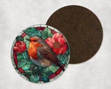 Robin Bird Camellia Flowers Stained Glass Round Coaster Tea Coffee Present Gift