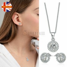 Women Diamond Cut Crystal Sterling Silver Necklace Earrings  Jewelry Set Gift UK