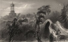 Robert Burns Cenotaph, from the Auld Brig O'Doon, Ayrshire. BARTLETT c1840