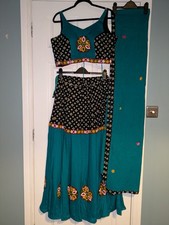 Indian Lehenga Choli Fully Stitched, 3 Piece Set, Size M/L, Teal Green, Cotton
