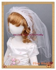 White Girl First Holy Communion Veil with Pearls on Satin Alice Headband,23"L