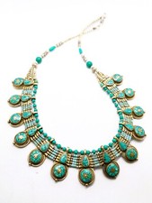 Vintage Silver Tone Bib Necklace with Turquoise Stones