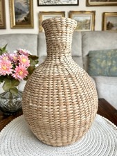 Vintage? Woven Wicker Rattan & Glass Flower Vase height 13'' Boho Bohemian Style