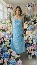 Aqua Blue Tea-Length Cocktail Dress with Beaded Halter Neck Size: 10 UK