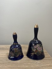 Set Of 2 Vintage Floral Painted Cobalt Hand Bells