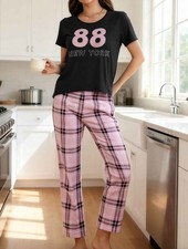 Womens Pyjama Sets Lounge Sleepwear Short Sleeve Long Pant Lady Satin Nightwear