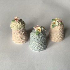 3 X Vintage Irish Dresden Porcelain Thimbles, Lace Flowers Pink Blue, Signed