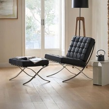 Barcelona Chair With Footstool Ottoman Black Leather Last One In Stock