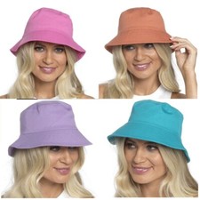 Ladies Womens Plain 100% Cotton Bucket Beach Sun Hat Summer Wide Brim Bush NEW