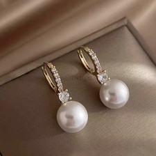 Bridal Gold Wedding Brides Bridesmaid Cubic Zirconia Pearl Dangle Drop Earrings