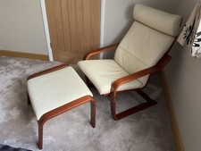 IKEA POANG ARMCHAIR WITH MATCHING FOOT STOOL REAL LEATHER.  IVORY. HARDLY USED