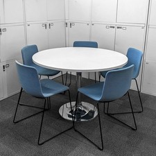 Round Meeting Table with 5 Light Blue Stacking Chairs (Delivery Available)