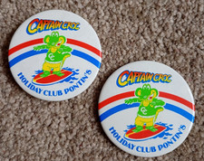 2x CAPTAIN CROC PIN BADGES - Retro Holiday Club Advertising / Pontins