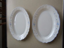 2 x Arcopal France Oval steak plates - blue floral pattern patterned edge plate