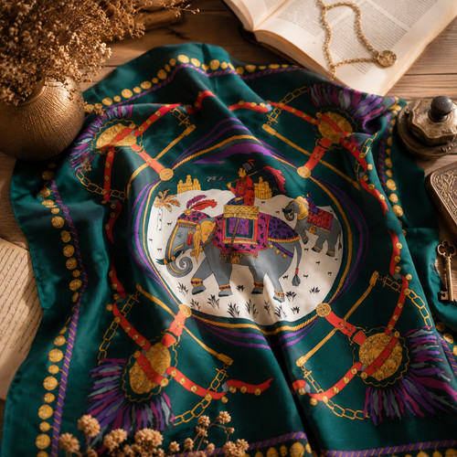 Green elephant motif silk - elephant, silk-feel
