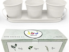 White Herb Growing Kit 3 Metal Plant Pots Windowsill Planter with Herb Seeds
