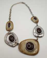 Statement Necklace Silver Tone with Beige Brown Enamel Pebble Shape 18" Long