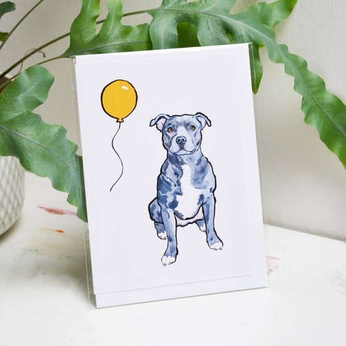 Blue staffy birthday card - blue,
