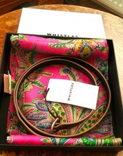 Boxed Whistles Pure Silk Long Scarf Pink Paisley + Medium Metallic Pewter Belt