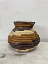 Vintage Hand Woven Coil Vase Basket Brown Boho Round Folk Art