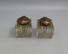 Pair Art Nouveau Antique Glass Ink Wells, Inkwells Stationery Set/Desktop Stand