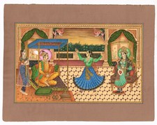 Mughal Miniature Painting Of King Akbar & Jodha Bai Enjoying Lady Dance 13.5x10"