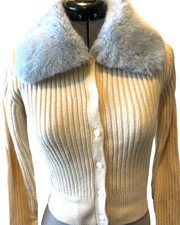 ZARA Cream Ribbed Cardigan Faux Fur Collar Cropped Knit Jumper Size S Winter