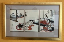 Antique Triptych Japanese Toyohara Chikanobu Wood Block Print 1895 Waiting Girl