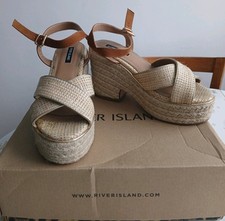 RIVER ISLAND SIZE 4 ESPADRILLE  BEIGE & GOLD WEAVE WEDGE HEEL SANDALS
