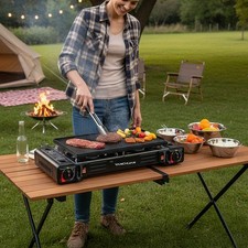 Double Burner Gas Stove Camping Butane Cooker BBQ Barbecue with Grill Plate NEW