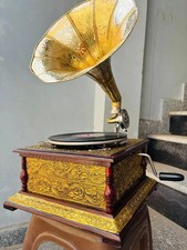 Vintage Brass Gramophone Phonograph – HMV Style Wind-Up Record Player