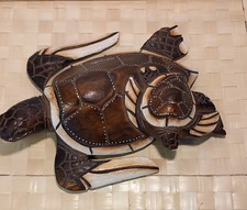 Hand Carved Wood Tortoise Turtle Ornament carrying Two Babies In Great Details 